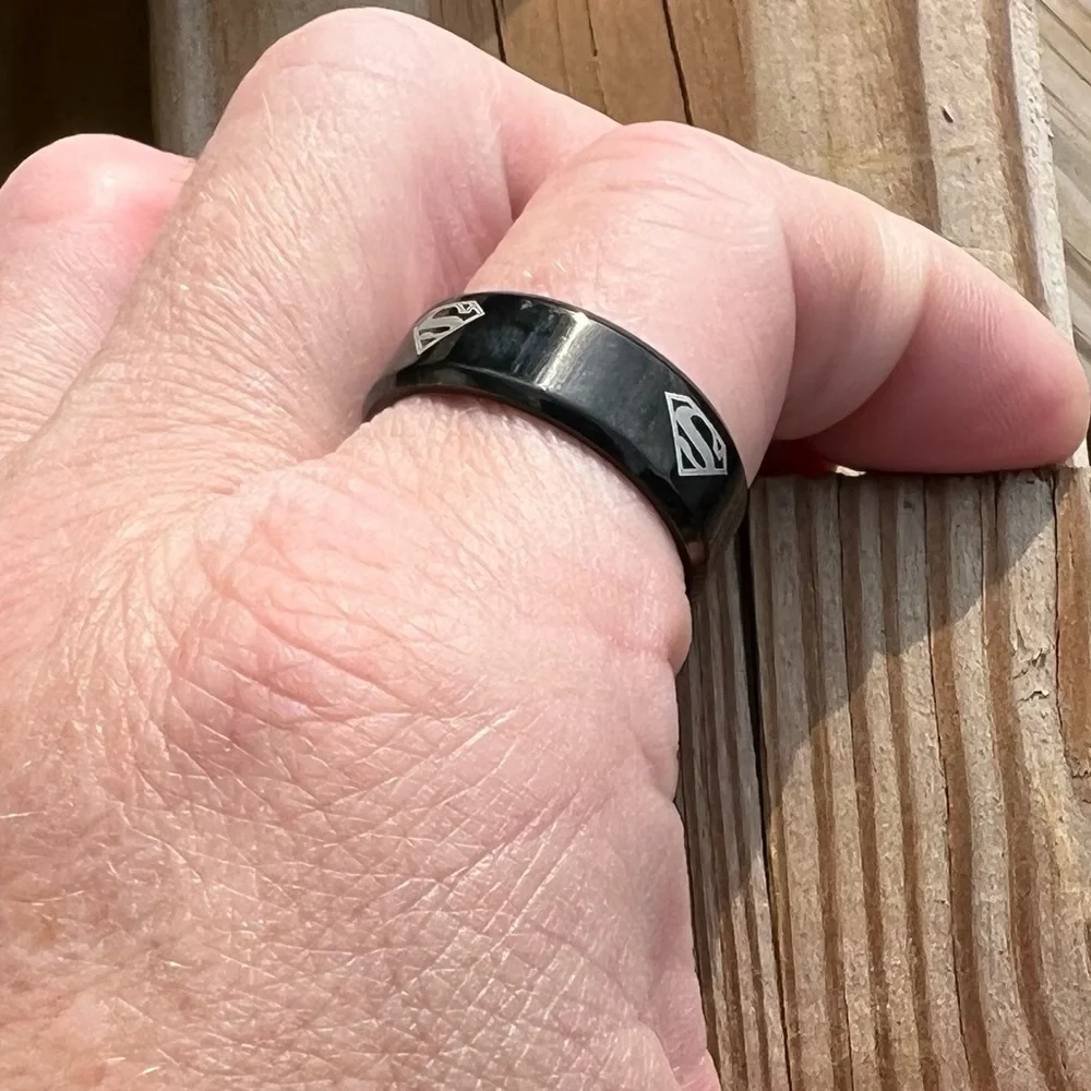 - Superman Sz 10.5 Black Stainless Steel Band Ring! NEW!